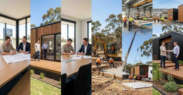 Male homebuyer and male prefab housing consultant following the complete prefab home buying process from planning and financing to factory construction, installation, and move-in.