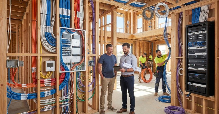 Male homeowner and male smart home integration specialist reviewing smart home pre-wiring plans while structured cabling, security wiring, networking, and automation infrastructure are installed in a new luxury home under construction.