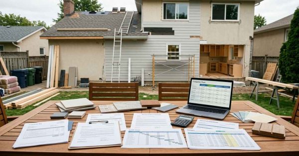Suburban home renovation project with contractor estimates, contracts, permit paperwork, budgeting documents, and project plans organized for comparison, illustrating how homeowners can avoid being overcharged by contractors.