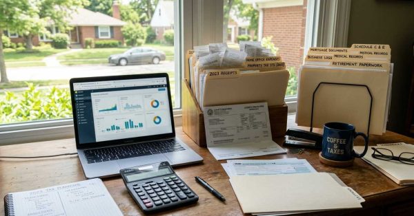 Home office with tax documents, receipts, financial records, calculator, and budgeting materials, illustrating overlooked tax deductions and the importance of organized tax planning and record-keeping.
