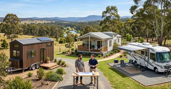 Side-by-side comparison of a Tiny House on Wheels, Park Model Home, and RV in Australia with a male homeowner and male housing consultant reviewing housing plans outdoors.