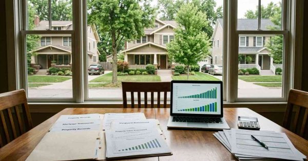 Middle-class suburban homes and financial planning documents representing long-term wealth building through homeownership, real estate appreciation, mortgage payoff, and disciplined financial management.