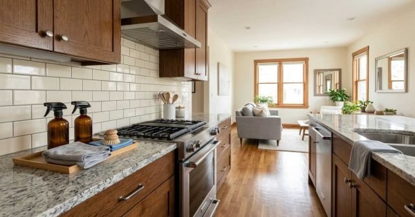 Clean home interior showing compatible cleaning methods for natural stone, hardwood, tile and grout, stainless steel, glass, painted walls, and fabric surfaces.