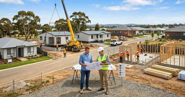 Male homeowner and male housing consultant comparing prefab, modular, manufactured, panelized, and kit homes in a modern Australian residential development with various construction methods on display.