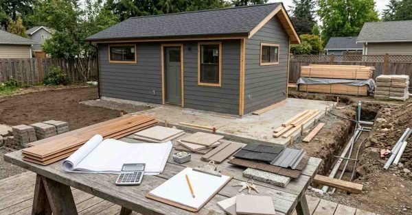 Detached ADU construction project with building materials, blank plans, contractor documents, and site work representing the major costs of an ADU build.