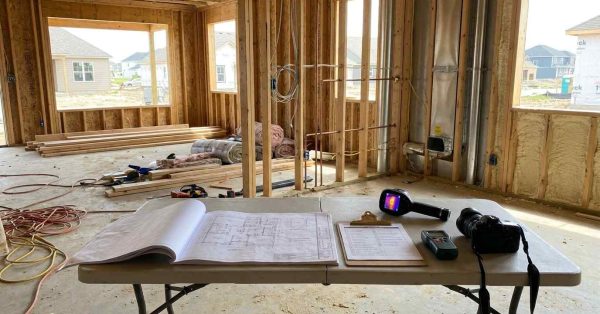 Partially completed custom home at the pre-drywall stage showing exposed framing, electrical wiring, plumbing, HVAC systems, window flashing, construction documents, and inspection equipment used during a third-party new construction quality inspection.