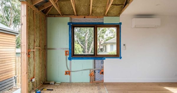 ADU under construction showing wall and roof insulation, air sealing, energy-efficient windows, and a ductless heat-pump climate-control system.