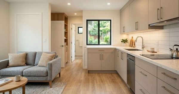 Bright ADU interior featuring continuous wood flooring, warm painted walls, custom cabinetry, quartz countertops, porcelain tile, simple trim, and layered lighting.