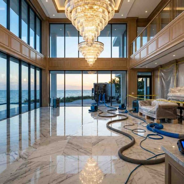Luxury commercial water damage restoration in a waterfront property, featuring thermal moisture inspection, industrial dehumidifiers, air movers, and structural drying equipment to remove water, prevent mold growth, and restore flood-damaged interiors.
