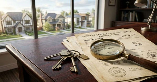 Property tax documents with keys and magnifying glass.