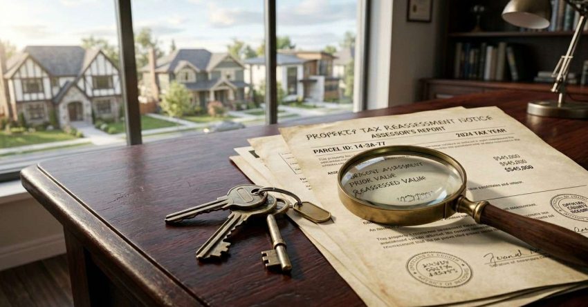 Property tax documents with keys and magnifying glass.
