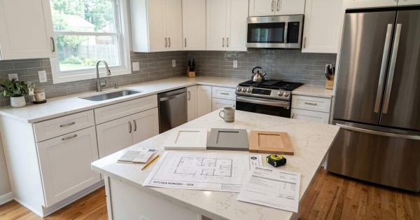 Modernized suburban kitchen featuring shaker cabinets, quartz countertops, stainless steel appliances, updated lighting, and renovation planning materials, illustrating what a realistic $30,000 kitchen remodel can achieve.