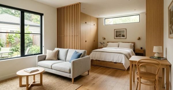 Compact ADU bedroom and living space with a queen bed, apartment-scale seating, built-in storage, natural light, continuous flooring, and space-saving interior design.