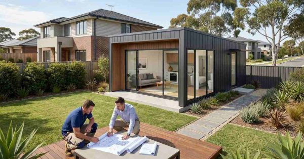 Male homeowner and male prefab housing consultant reviewing plans for a modern prefab ADU installed behind a primary residence in an Australian suburban backyard.