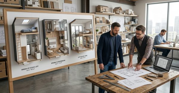 Male homeowner and male tiny house designer reviewing multiple Tiny House on Wheels floor plans under 200 square feet in a modern architectural design studio.