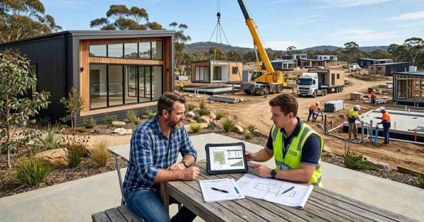 Male homeowner and male prefab housing consultant reviewing construction budgets and installation plans beside a modern prefab home being delivered and assembled in a residential development.