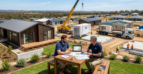 Male homeowner and male prefab housing consultant reviewing construction budgets and installation plans beside a modern prefab home being delivered and assembled in a residential development.