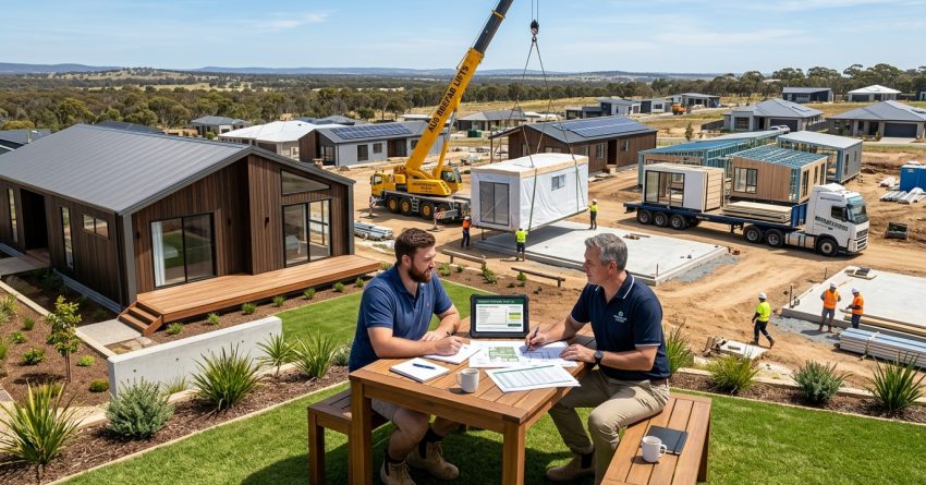 Male homeowner and male prefab housing consultant reviewing construction budgets and installation plans beside a modern prefab home being delivered and assembled in a residential development.