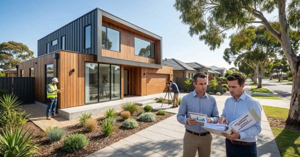 Male homeowner and male real estate valuation expert reviewing appraisal reports and resale value assessments beside a modern prefab home in an Australian suburban neighborhood.