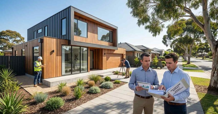 Male homeowner and male real estate valuation expert reviewing appraisal reports and resale value assessments beside a modern prefab home in an Australian suburban neighborhood.