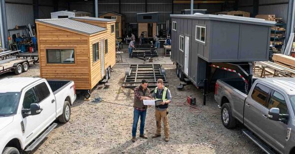 Side-by-side comparison of a bumper pull Tiny House on Wheels and a gooseneck Tiny House on Wheels with a male homeowner and male builder reviewing trailer options in a construction yard.