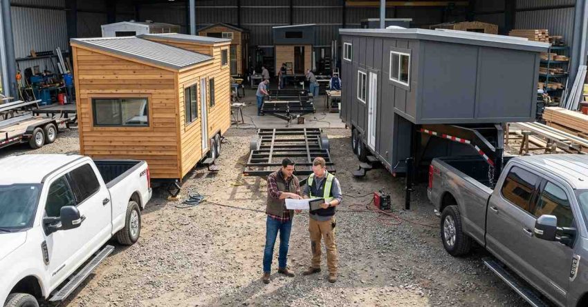 Side-by-side comparison of a bumper pull Tiny House on Wheels and a gooseneck Tiny House on Wheels with a male homeowner and male builder reviewing trailer options in a construction yard.