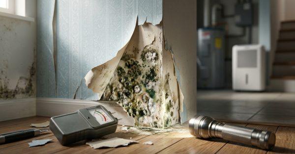 Mold growth behind peeling wallpaper after water damage, with a moisture meter and flashlight used for inspection.
