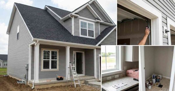 Nearly completed suburban home undergoing re-inspection after corrections, showing updated electrical work, insulation, handrails, flashing, plumbing repairs, exterior grading improvements, and other code-compliance fixes before final approval.