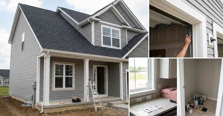 Nearly completed suburban home undergoing re-inspection after corrections, showing updated electrical work, insulation, handrails, flashing, plumbing repairs, exterior grading improvements, and other code-compliance fixes before final approval.