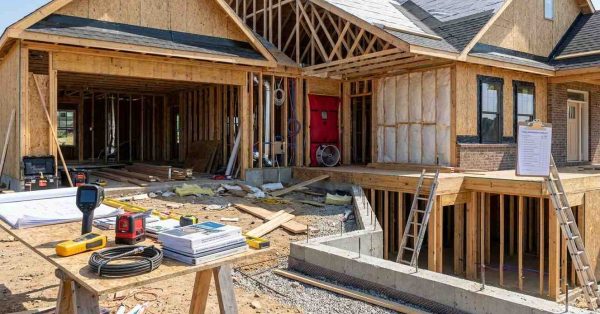 New home under construction showing foundation, framing, electrical, plumbing, HVAC, insulation, roofing, and final inspection stages with professional inspection tools, construction documents, and realistic job-site conditions throughout the project.