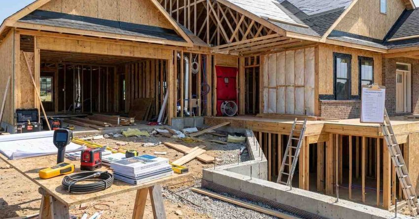 New home under construction showing foundation, framing, electrical, plumbing, HVAC, insulation, roofing, and final inspection stages with professional inspection tools, construction documents, and realistic job-site conditions throughout the project.
