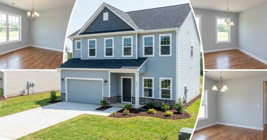 Fully completed suburban home ready for occupancy with finished landscaping, driveway, roofing, interior finishes, utilities connected, safety systems installed, and all construction work completed before homeowner move-in.