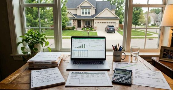 Middle-class suburban home with mortgage documents, budgeting tools, calculator, and financial planning materials on a table, representing strategies for paying off a home loan faster through disciplined money management.