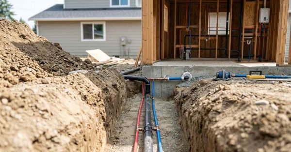 Detached ADU under construction showing water supply, drain, waste and vent piping, fixture connections, water heater, and underground utility lines.
