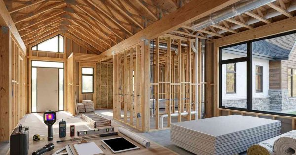 new residential home during pre drywall inspection showing exposed framing electrical wiring plumbing HVAC systems and professional inspection equipment without people