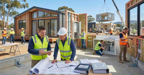 Male building inspector and male prefab construction manager reviewing code compliance documents and inspecting a modern prefab home built to regulatory standards.