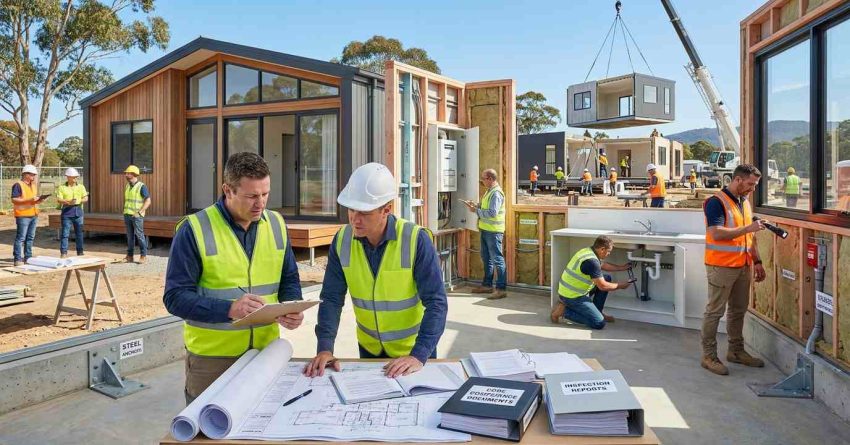 Male building inspector and male prefab construction manager reviewing code compliance documents and inspecting a modern prefab home built to regulatory standards.