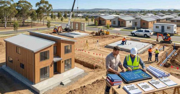 Male homeowner and male building consultant reviewing prefab home permits, council approvals, and construction documents beside a modern prefab home in an Australian residential development.