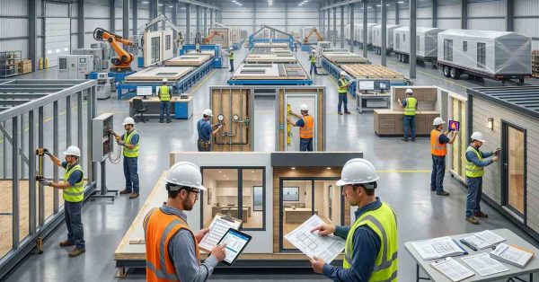 Male quality control inspector and male prefab construction manager conducting structural, electrical, and finish inspections on a prefab home module inside a modern manufacturing facility.