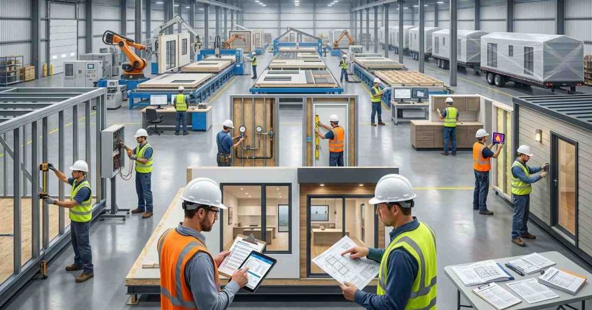 Male quality control inspector and male prefab construction manager conducting structural, electrical, and finish inspections on a prefab home module inside a modern manufacturing facility.