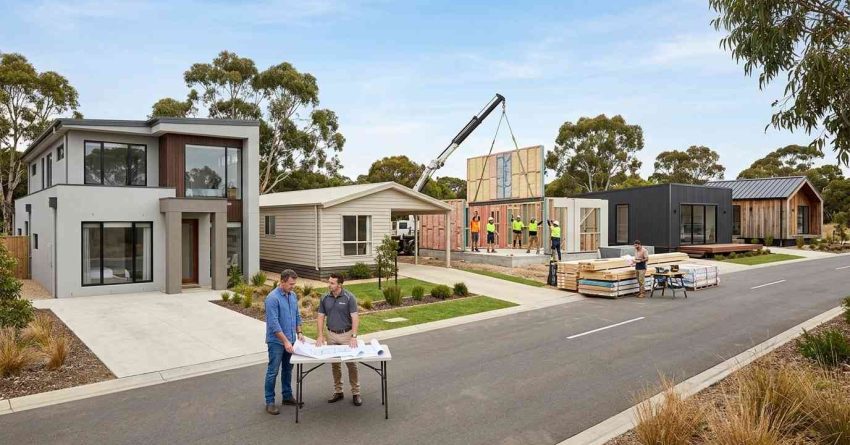Male homeowner and male housing consultant reviewing different prefab home categories including modular homes, manufactured homes, panelized homes, kit homes, tiny prefab homes, and prefab cabins in a modern residential development.