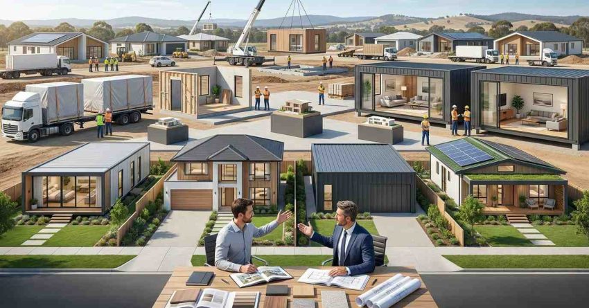 Male homebuyer and male prefab housing consultant comparing premium prefab homes from leading builders in a modern Australian residential development featuring multiple contemporary prefab designs.