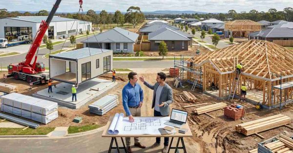 Male homeowner and male architect comparing a factory-built prefab home and a traditionally constructed custom home in an Australian residential development.