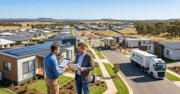 Male property investor and male prefab housing consultant reviewing regional housing development plans beside a growing prefab home community in regional Australia.