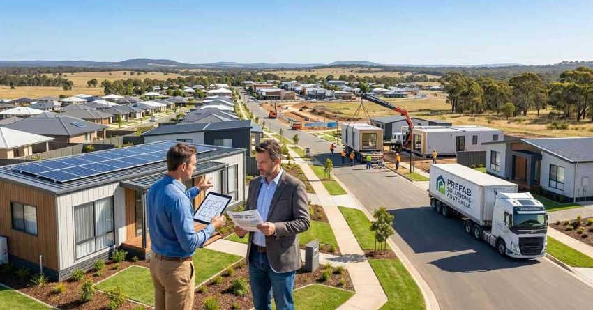 Male property investor and male prefab housing consultant reviewing regional housing development plans beside a growing prefab home community in regional Australia.