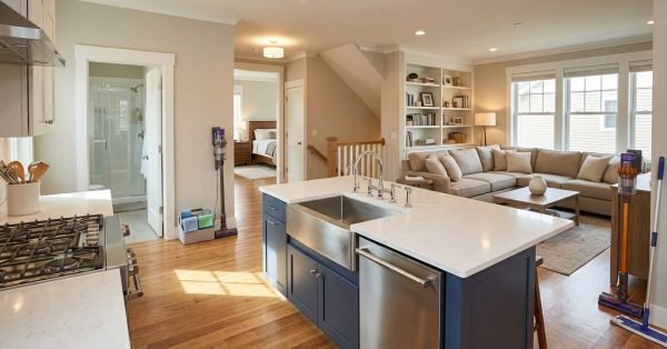 Clean, organized home showing a room-by-room cleaning approach across the kitchen, living room, hallway, bathroom, and bedroom, with professional cleaning tools nearby.