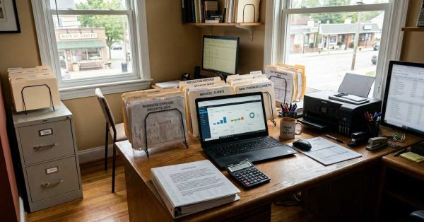 Organized small business workspace with receipts, accounting records, invoices, tax preparation documents, budgeting materials, and financial planning tools used to track deductible business expenses.