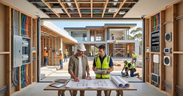 Male homeowner and male smart home specialist reviewing automation plans while integrated wiring, security systems, and smart technology are installed during new home construction.