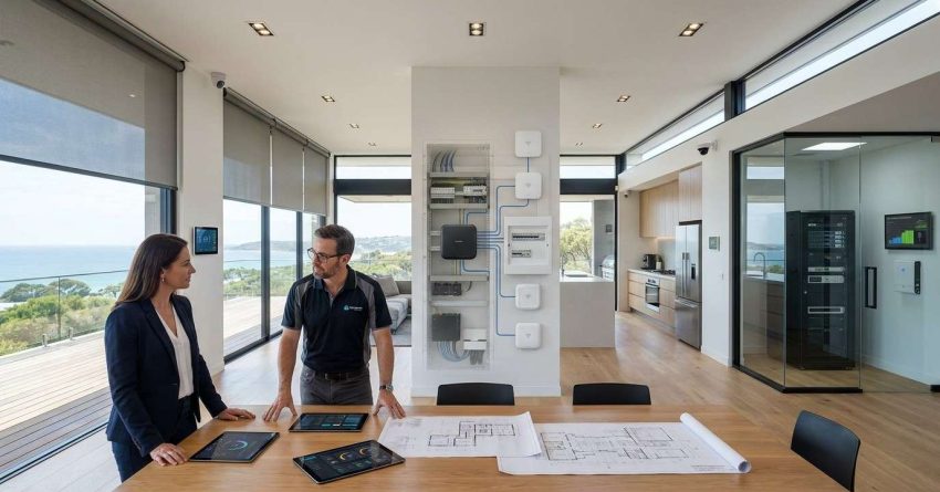 Male homeowner and male smart home systems engineer reviewing integrated smart home architecture featuring centralized automation, networking, security, lighting, climate control, and energy management systems.