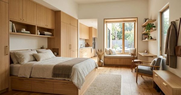 Compact ADU interior with floor-to-ceiling built-ins, under-bed drawers, recessed wardrobes, window-seat storage, wall shelving, and space-saving cabinetry.